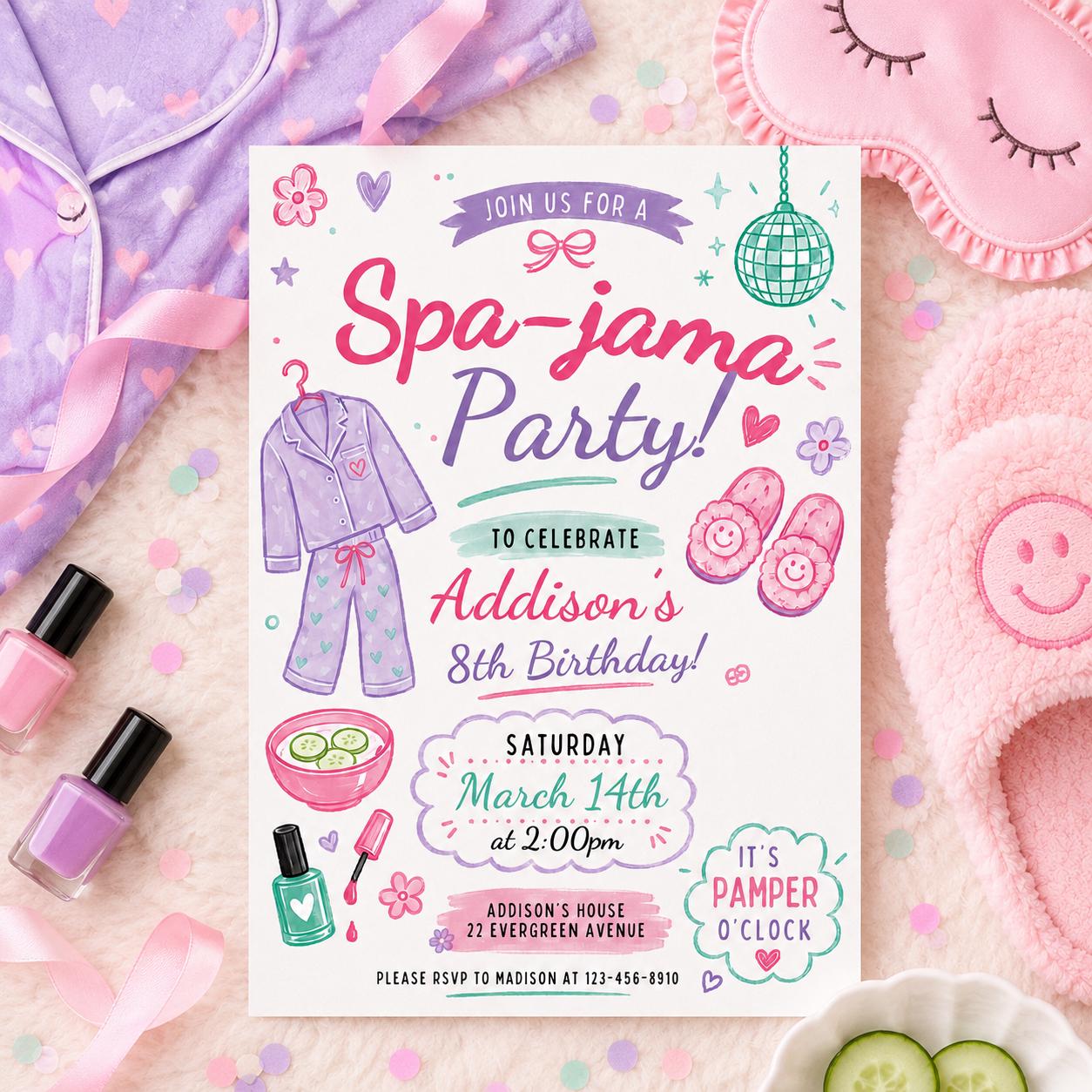 Spa-jama Party Invitation, Spa Birthday  Invitation, Pamper Party Invite, Girl Spa Birthday, Pink Bow Invitation, Editable Canva Template __etsy:8027649948