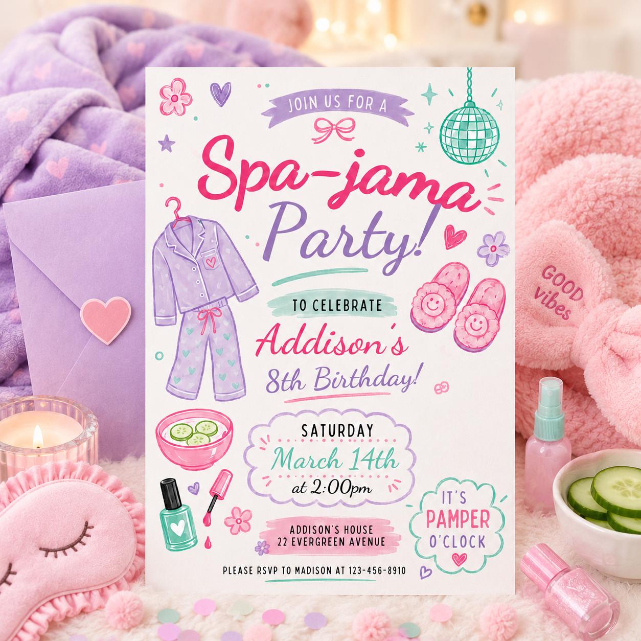 Spa-jama Party Invitation, Spa Birthday  Invitation, Pamper Party Invite, Girl Spa Birthday, Pink Bow Invitation, Editable Canva Template __etsy:8075562521