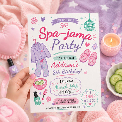 Spa-jama Party Invitation, Spa Birthday  Invitation, Pamper Party Invite, Girl Spa Birthday, Pink Bow Invitation, Editable Canva Template __etsy:8075562509