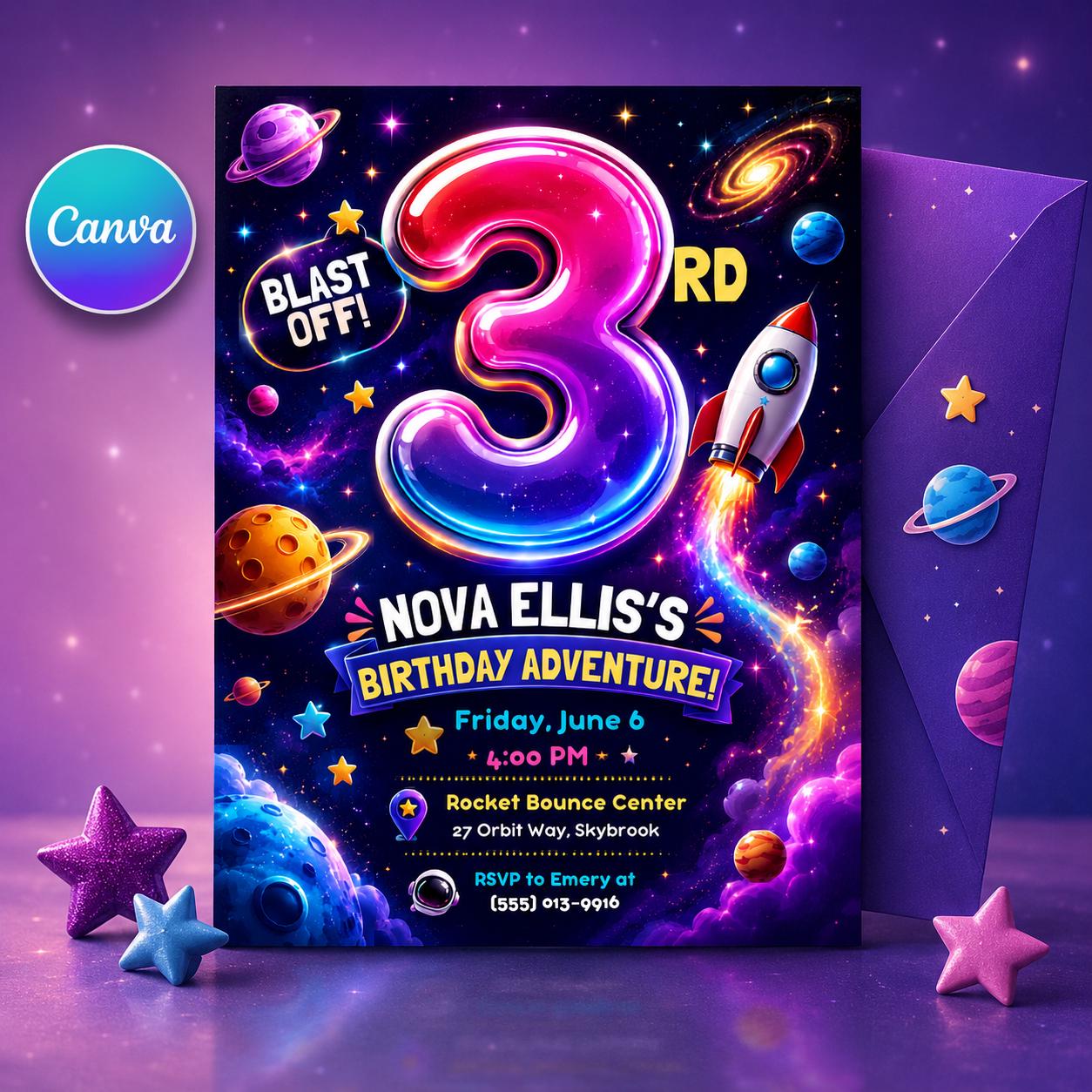 Space Birthday Invitation, Blast Off Rocket 3rd Birthday Party Invite, Editable Printable Canva Template __etsy:8221837757