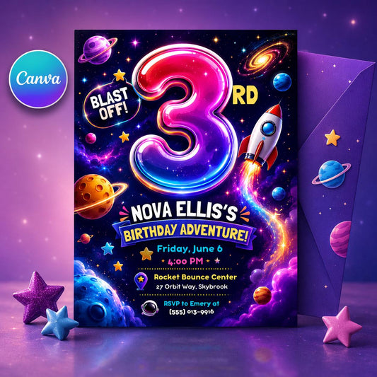 Space Birthday Invitation, Blast Off Rocket 3rd Birthday Party Invite, Editable Printable Canva Template __etsy:8221837757