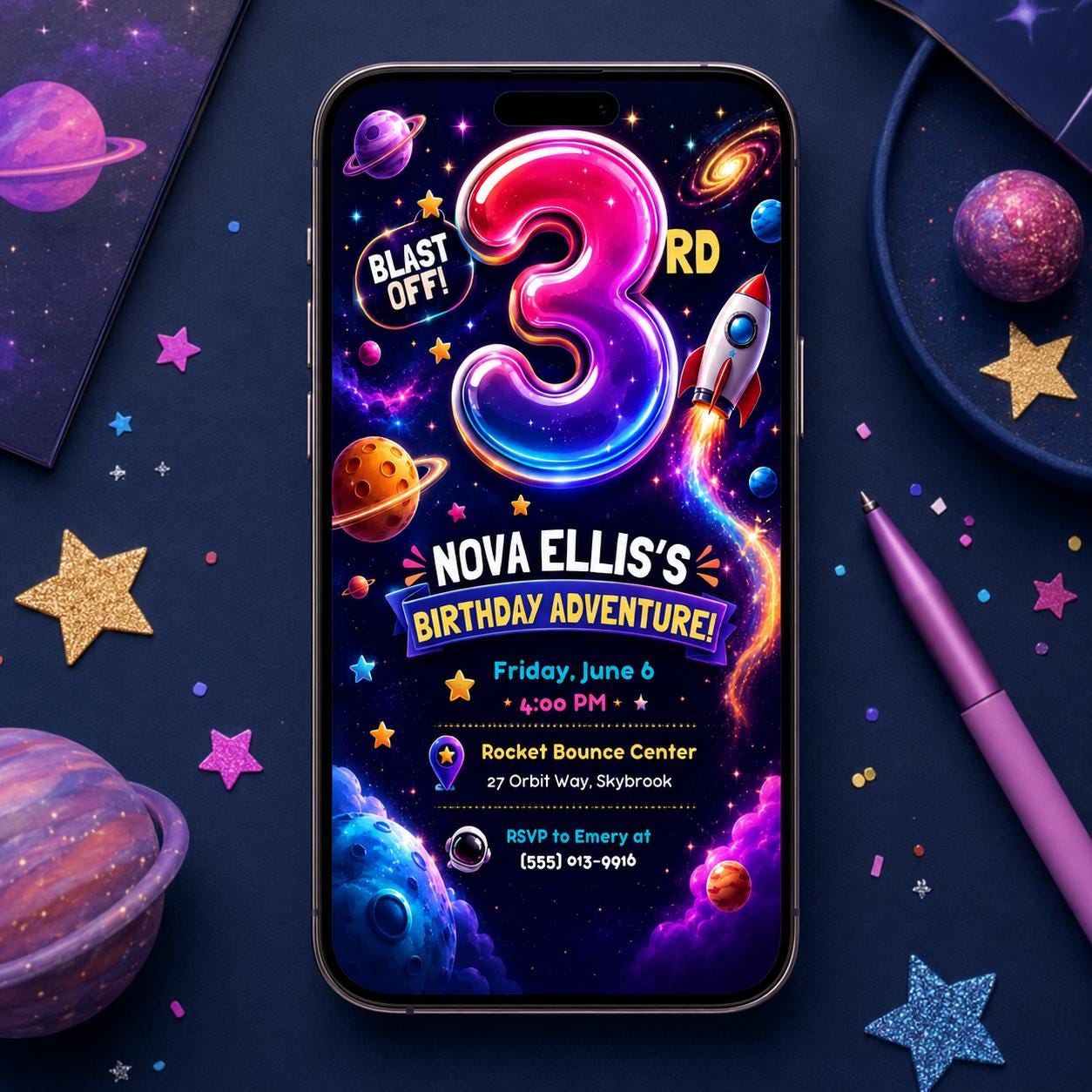 Space Birthday Invitation, Blast Off Rocket 3rd Birthday Party Invite, Editable Printable Canva Template __etsy:8221837799