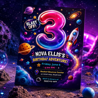 Space Birthday Invitation, Blast Off Rocket 3rd Birthday Party Invite, Editable Printable Canva Template __etsy:8221837845