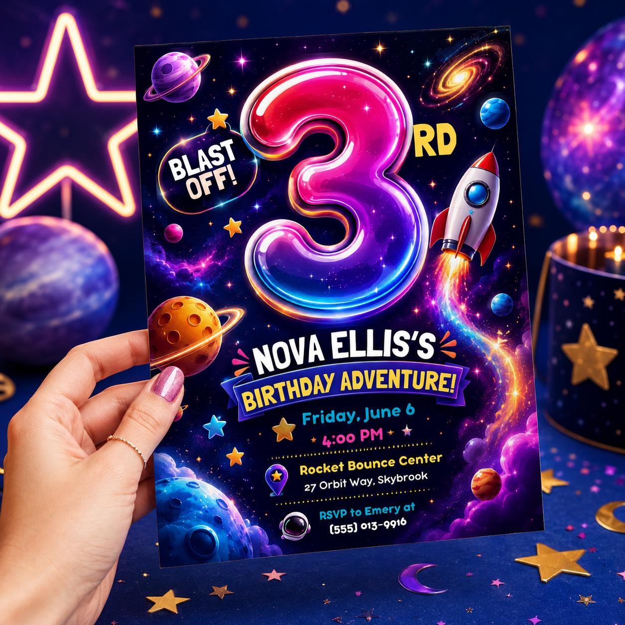 Space Birthday Invitation, Blast Off Rocket 3rd Birthday Party Invite, Editable Printable Canva Template __etsy:8221837861