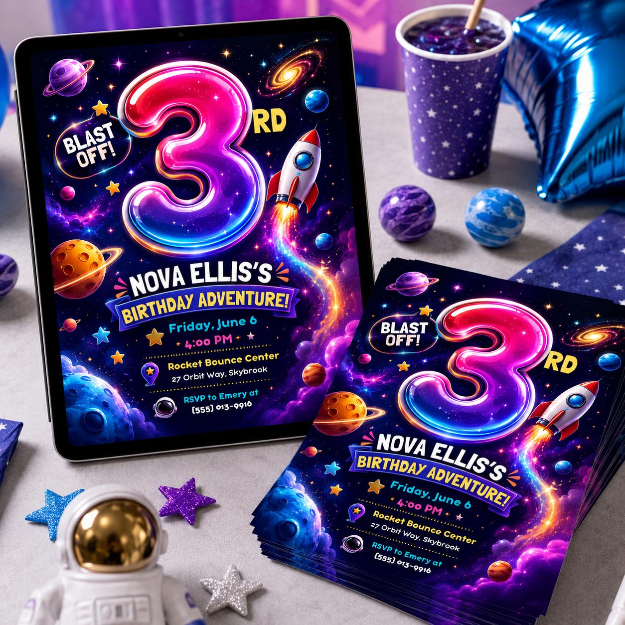 Space Birthday Invitation, Blast Off Rocket 3rd Birthday Party Invite, Editable Printable Canva Template __etsy:8173907162