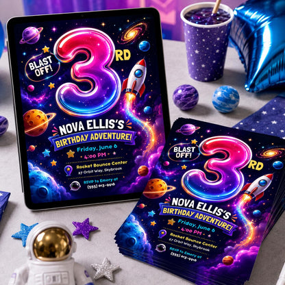 Space Birthday Invitation, Blast Off Rocket 3rd Birthday Party Invite, Editable Printable Canva Template __etsy:8173907162