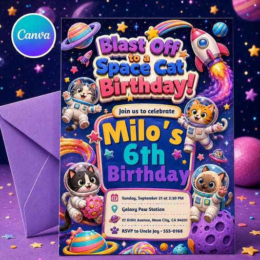 Space Cat Birthday Invitation , Cat Birthday Invitation, Printed Kitten Birthday Invitation, Party Animals, Canva Template __etsy:8112257425