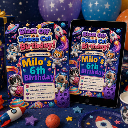Space Cat Birthday Invitation , Cat Birthday Invitation, Printed Kitten Birthday Invitation, Party Animals, Canva Template __etsy:8112257473