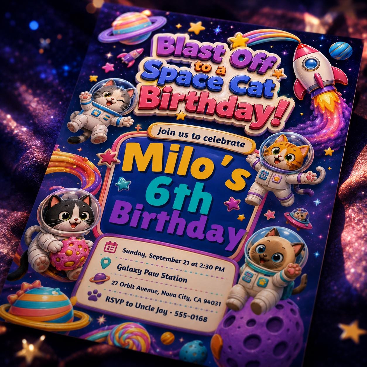 Space Cat Birthday Invitation , Cat Birthday Invitation, Printed Kitten Birthday Invitation, Party Animals, Canva Template __etsy:8064340062