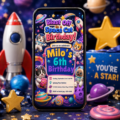 Space Cat Birthday Invitation , Cat Birthday Invitation, Printed Kitten Birthday Invitation, Party Animals, Canva Template __etsy:8064340070