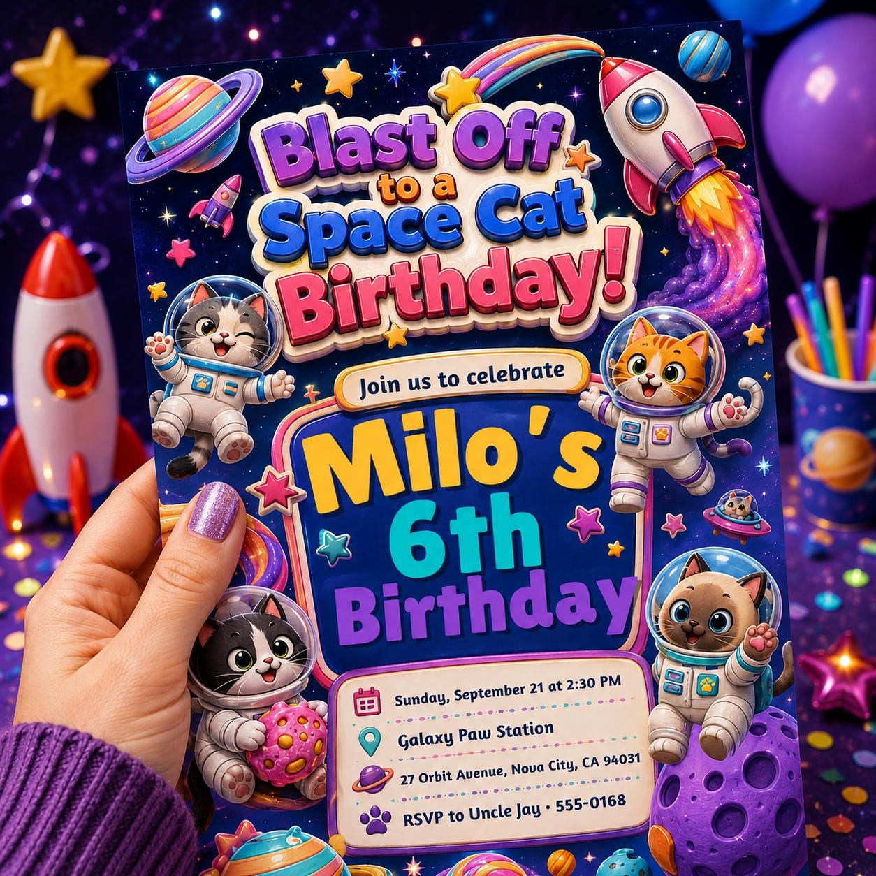 Space Cat Birthday Invitation , Cat Birthday Invitation, Printed Kitten Birthday Invitation, Party Animals, Canva Template __etsy:8064340104