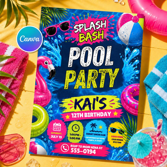 Splash Bash Pool Party Birthday Invitation, Editable Summer Pool Party Invite, Boy 12th Bday Neon Template, Pool Party Invitation __etsy:8177703421