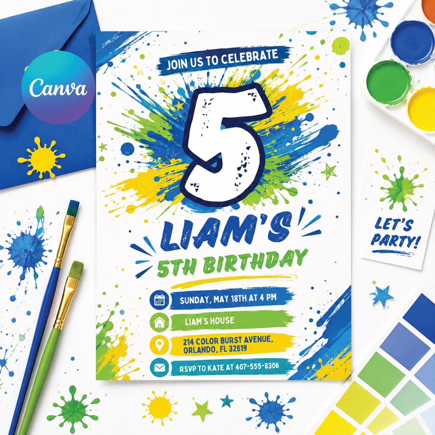 Splash Paint Boy Birthday Invitation, Fun Paint Birthday Invite, 5Th Boy Birthday Invitation, Editable Canva Template __etsy:8071613947