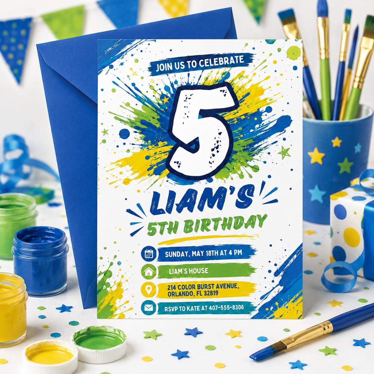 Splash Paint Boy Birthday Invitation, Fun Paint Birthday Invite, 5Th Boy Birthday Invitation, Editable Canva Template __etsy:8071593745