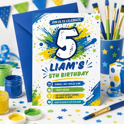 Splash Paint Boy Birthday Invitation, Fun Paint Birthday Invite, 5Th Boy Birthday Invitation, Editable Canva Template __etsy:8071593745