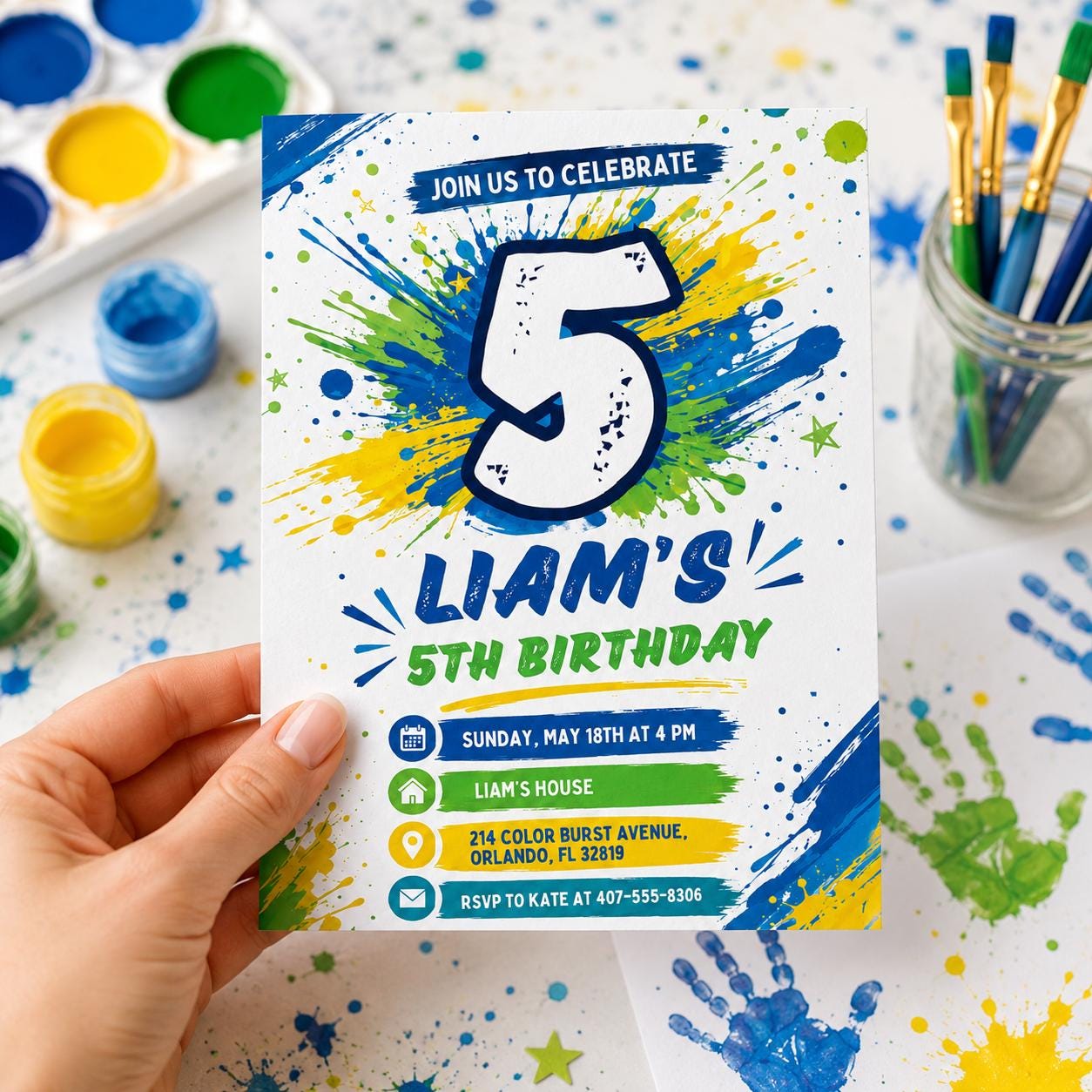 Splash Paint Boy Birthday Invitation, Fun Paint Birthday Invite, 5Th Boy Birthday Invitation, Editable Canva Template __etsy:8071593747