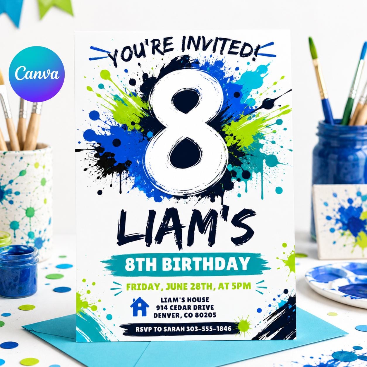 Splash Paint Boy Birthday Invitation, Fun Paint Splash Birthday Invite, 8th Birthday Invitation, Blue and Lime Green Paint, Canva __etsy:8078742553