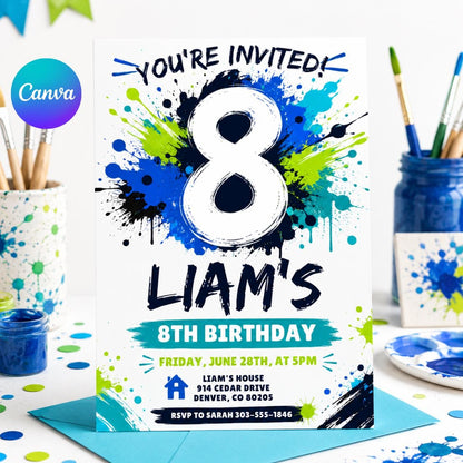 Splash Paint Boy Birthday Invitation, Fun Paint Splash Birthday Invite, 8th Birthday Invitation, Blue and Lime Green Paint, Canva __etsy:8078742553