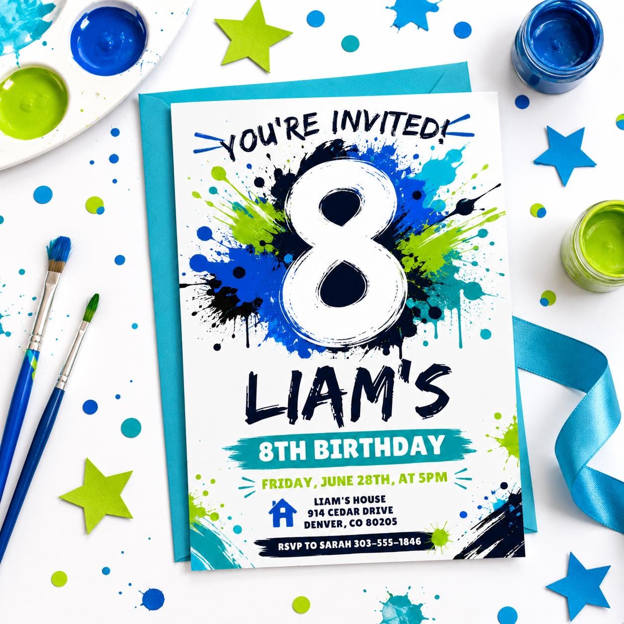 Splash Paint Boy Birthday Invitation, Fun Paint Splash Birthday Invite, 8th Birthday Invitation, Blue and Lime Green Paint, Canva __etsy:8030827334
