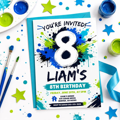 Splash Paint Boy Birthday Invitation, Fun Paint Splash Birthday Invite, 8th Birthday Invitation, Blue and Lime Green Paint, Canva __etsy:8030827334