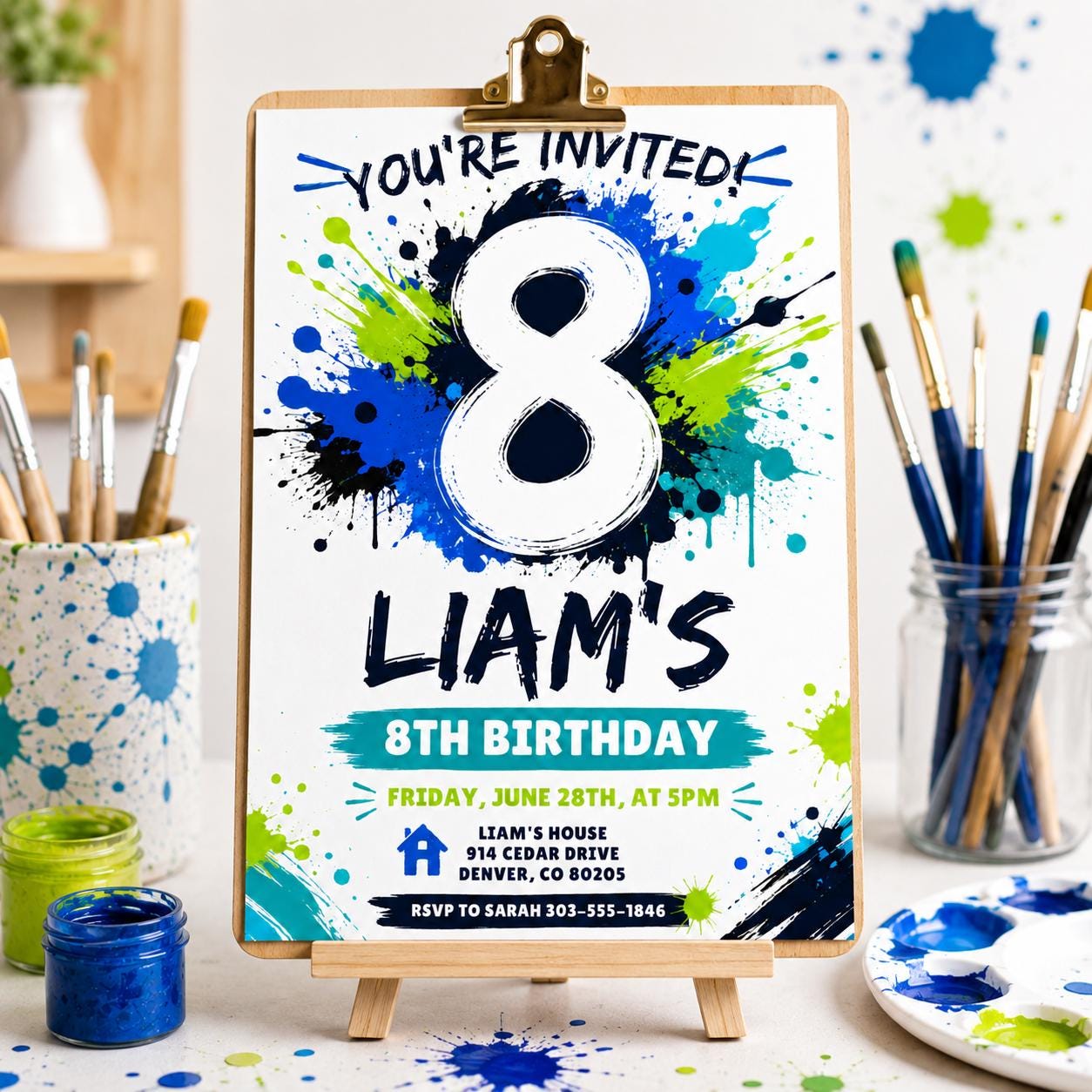 Splash Paint Boy Birthday Invitation, Fun Paint Splash Birthday Invite, 8th Birthday Invitation, Blue and Lime Green Paint, Canva __etsy:8030828486