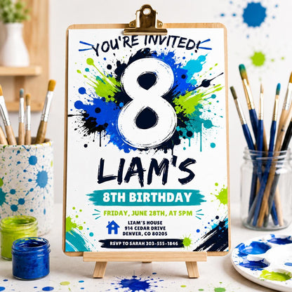 Splash Paint Boy Birthday Invitation, Fun Paint Splash Birthday Invite, 8th Birthday Invitation, Blue and Lime Green Paint, Canva __etsy:8030828486