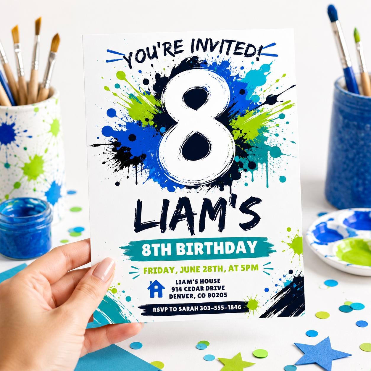 Splash Paint Boy Birthday Invitation, Fun Paint Splash Birthday Invite, 8th Birthday Invitation, Blue and Lime Green Paint, Canva __etsy:8078738449