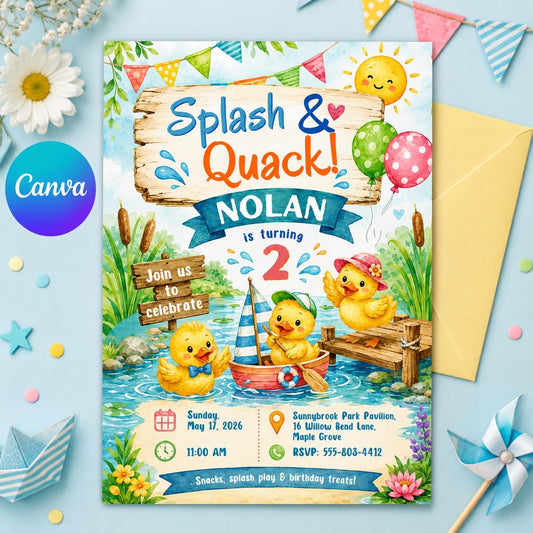 Splash & Quack invitation, Rubber Duck Birthday party Invitation Girls, Editable Rubber Duckie birthday Invite, splish splash party, Canva __etsy:8085110680