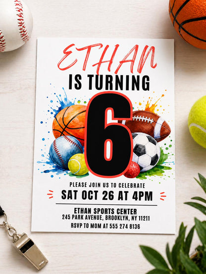 Sports Birthday Invitation, Editable Canva Template, Printable All-Star Party Invite, Multi-Sport Theme Birthday Card for Kids __etsy:8020295805