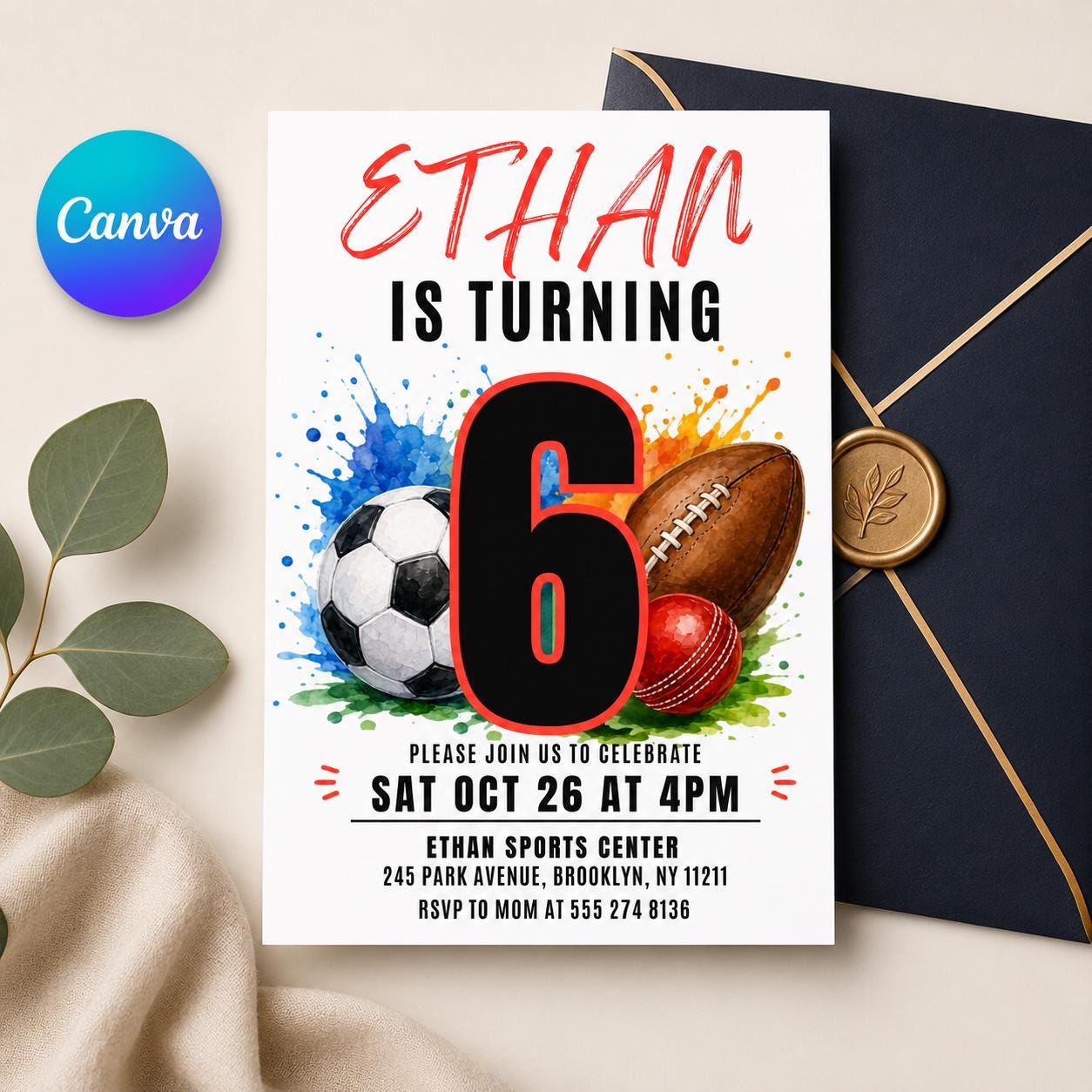 Sports Birthday Invitation, Editable Canva Template, Printable All-Star Party Invite, Multi-Sport Theme Birthday Card for Kids __etsy:8067232530