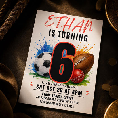 Sports Birthday Invitation, Editable Canva Template, Printable All-Star Party Invite, Multi-Sport Theme Birthday Card for Kids __etsy:8067232534