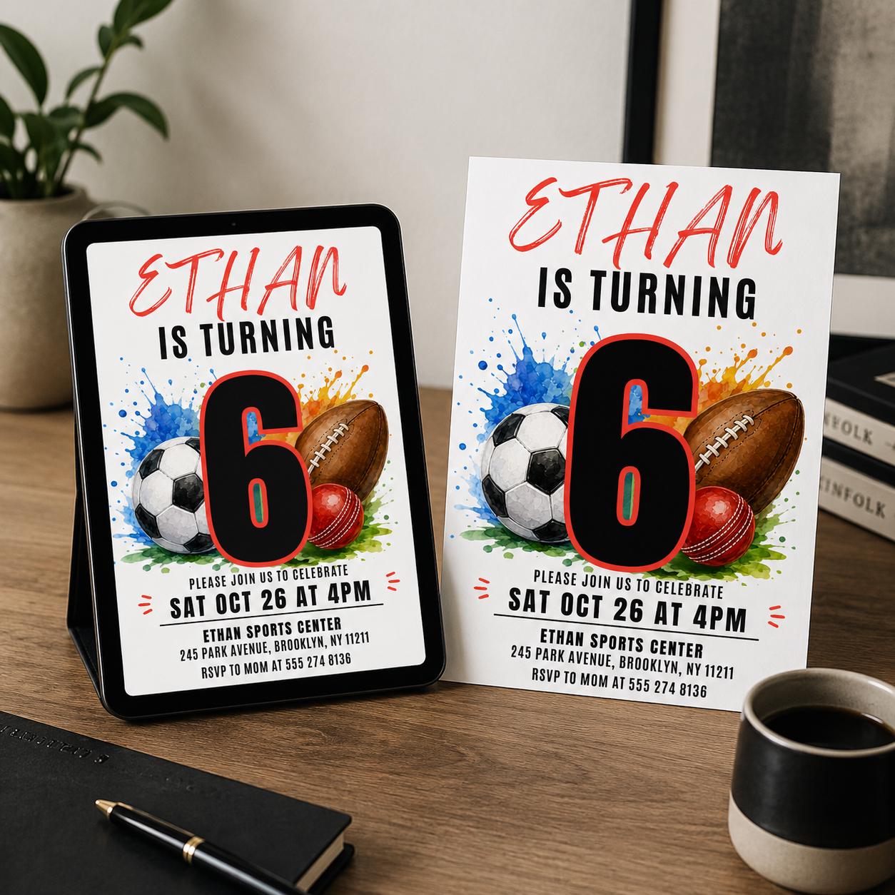 Sports Birthday Invitation, Editable Canva Template, Printable All-Star Party Invite, Multi-Sport Theme Birthday Card for Kids __etsy:8067232532