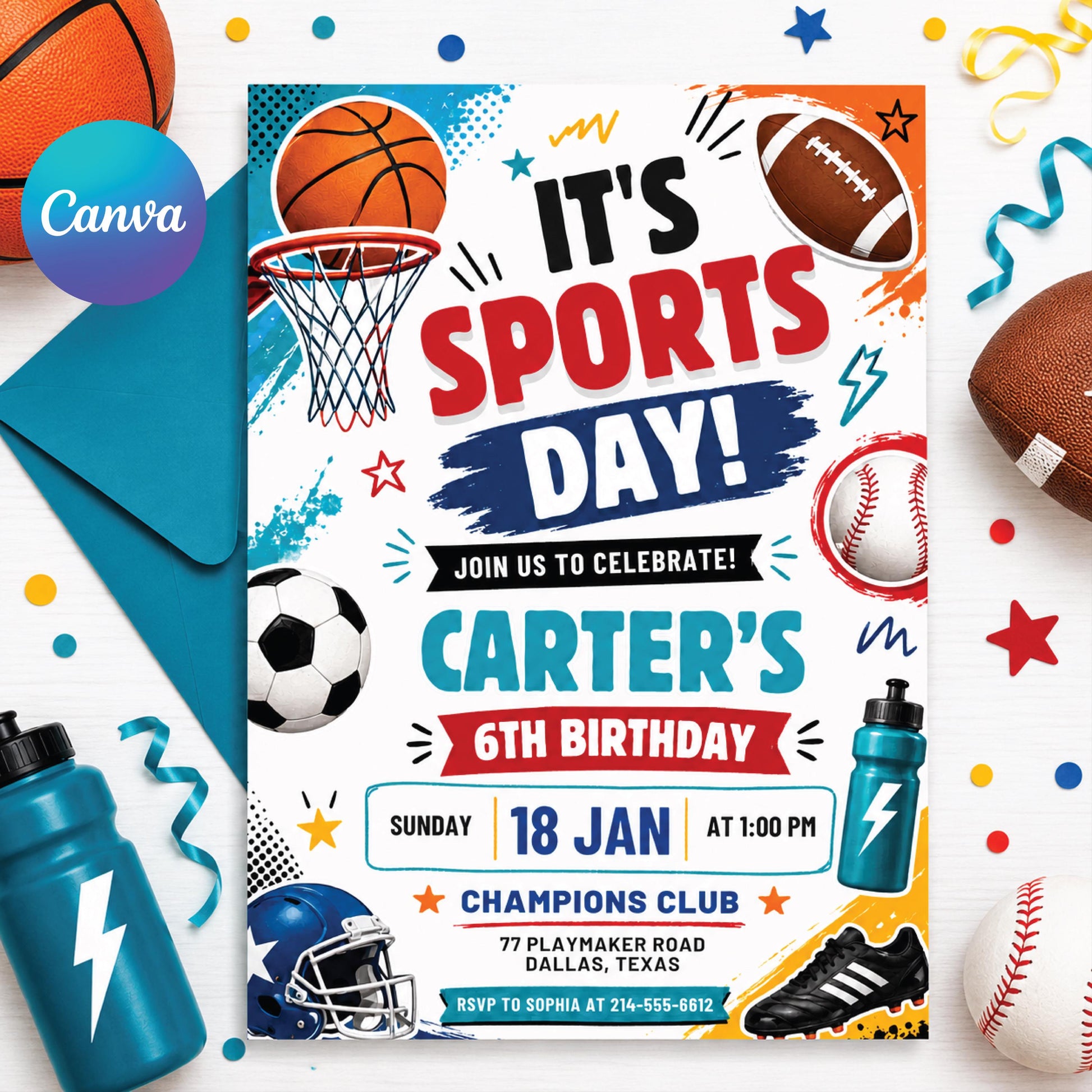 Sports Birthday Invitation, Editable Canva Template, Printable All-Star Party Invite, Multi-Sport Theme Birthday Card for Kids, Canva __etsy:8023864242