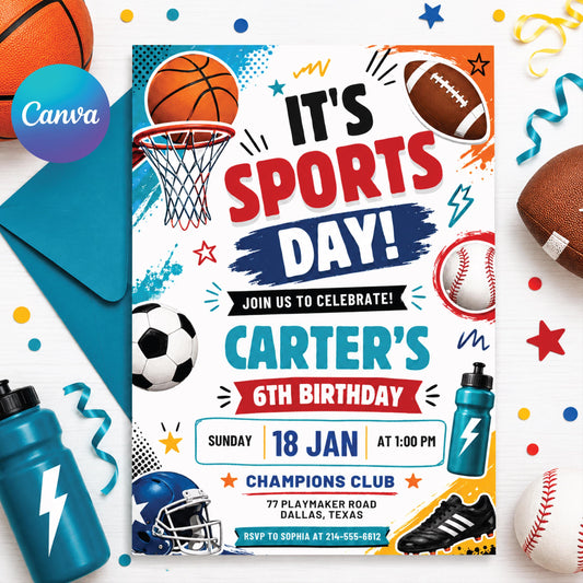 Sports Birthday Invitation, Editable Canva Template, Printable All-Star Party Invite, Multi-Sport Theme Birthday Card for Kids, Canva __etsy:8023864242