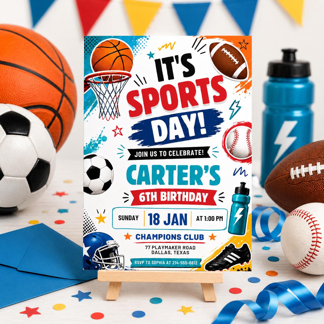 Sports Birthday Invitation, Editable Canva Template, Printable All-Star Party Invite, Multi-Sport Theme Birthday Card for Kids, Canva __etsy:8023861300