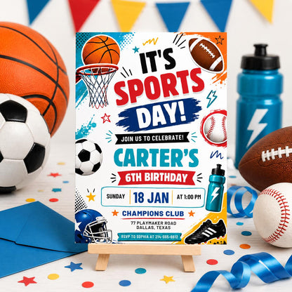 Sports Birthday Invitation, Editable Canva Template, Printable All-Star Party Invite, Multi-Sport Theme Birthday Card for Kids, Canva __etsy:8023861300