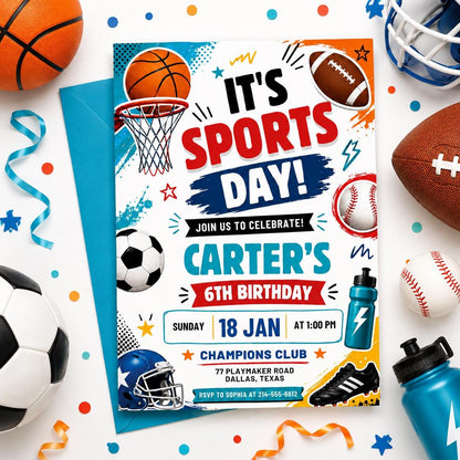 Sports Birthday Invitation, Editable Canva Template, Printable All-Star Party Invite, Multi-Sport Theme Birthday Card for Kids, Canva __etsy:8023861302