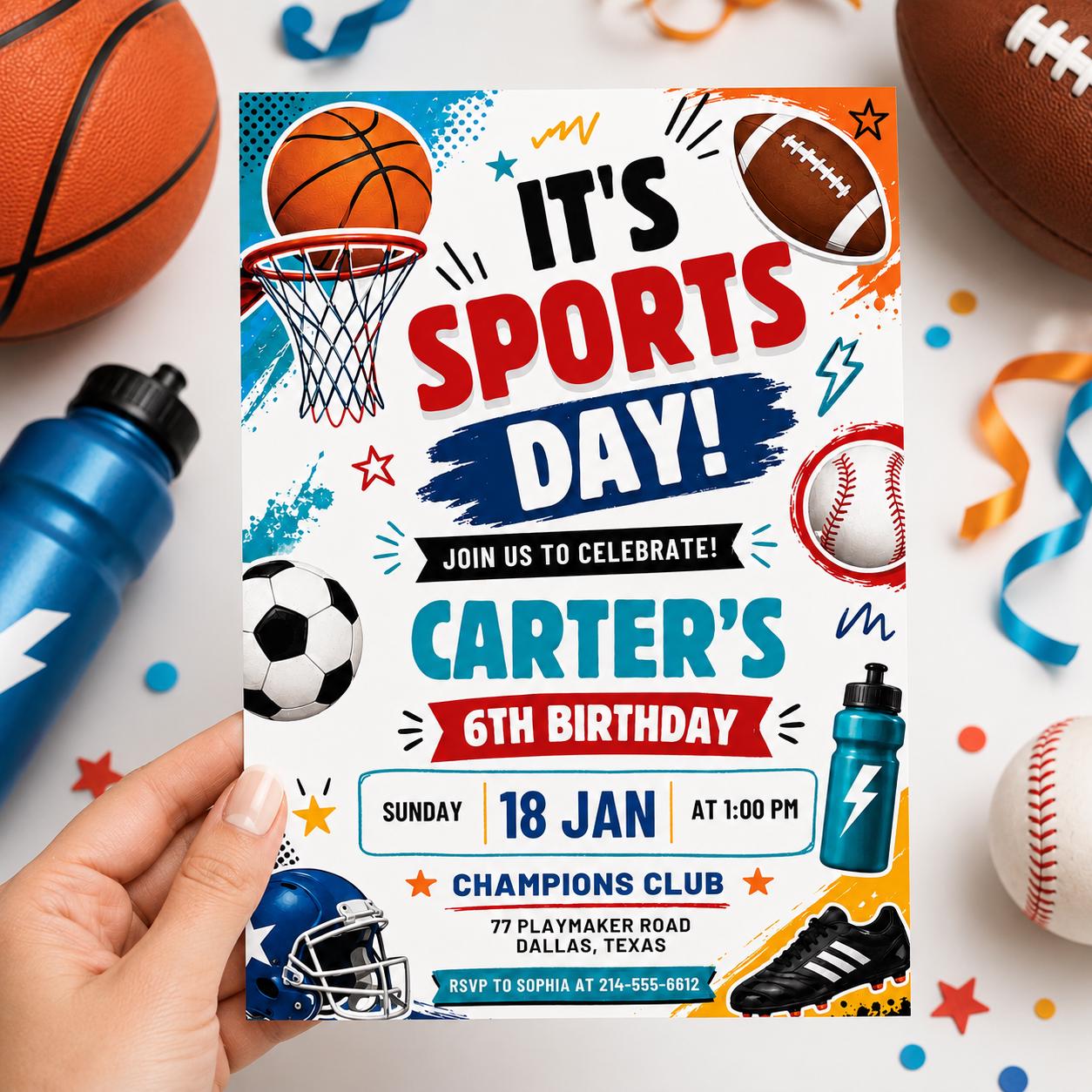 Sports Birthday Invitation, Editable Canva Template, Printable All-Star Party Invite, Multi-Sport Theme Birthday Card for Kids, Canva __etsy:8071771023