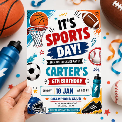 Sports Birthday Invitation, Editable Canva Template, Printable All-Star Party Invite, Multi-Sport Theme Birthday Card for Kids, Canva __etsy:8071771023