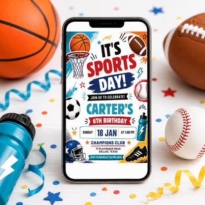 Sports Birthday Invitation, Editable Canva Template, Printable All-Star Party Invite, Multi-Sport Theme Birthday Card for Kids, Canva __etsy:8071771019