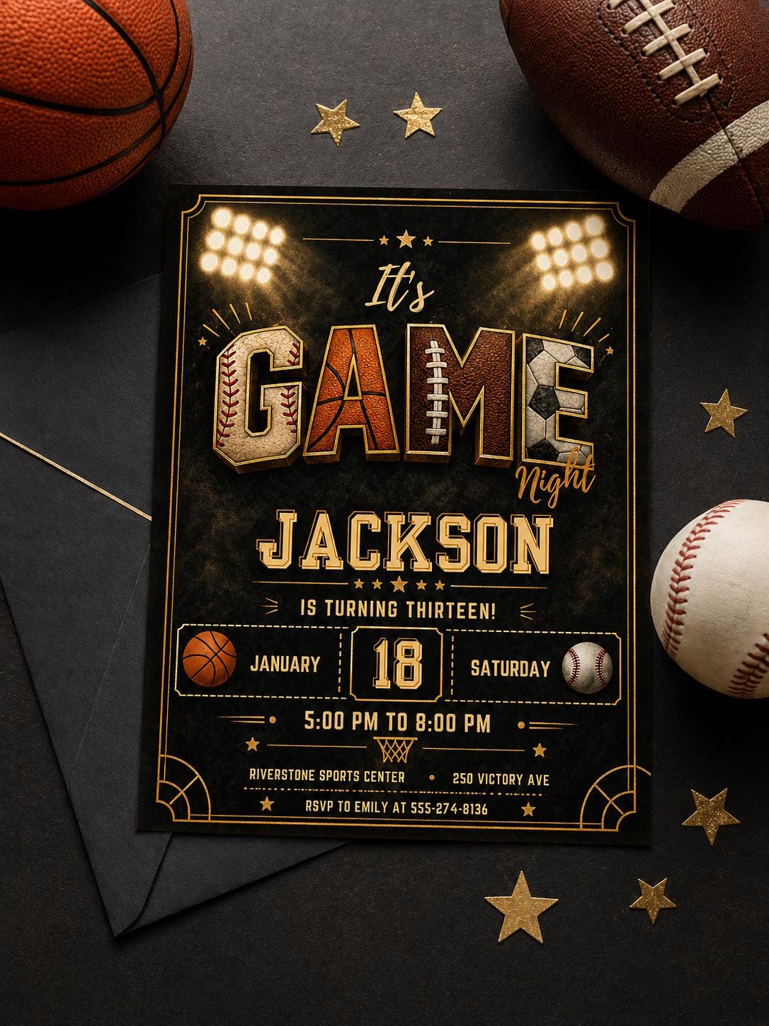 Sports Birthday Invitation Template: Editable Game Time Design (Digital Download) __etsy:7970067818