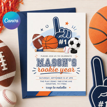 Sports Rookie Year Birthday Invitation Template, Sports Baseball Birthday, Rookie Of The Year Invite Baseball Birthday Party, Canva Template __etsy:8067816755