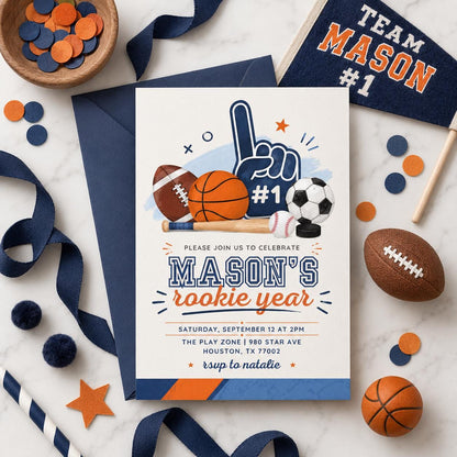 Sports Rookie Year Birthday Invitation Template, Sports Baseball Birthday, Rookie Of The Year Invite Baseball Birthday Party, Canva Template __etsy:8019886248