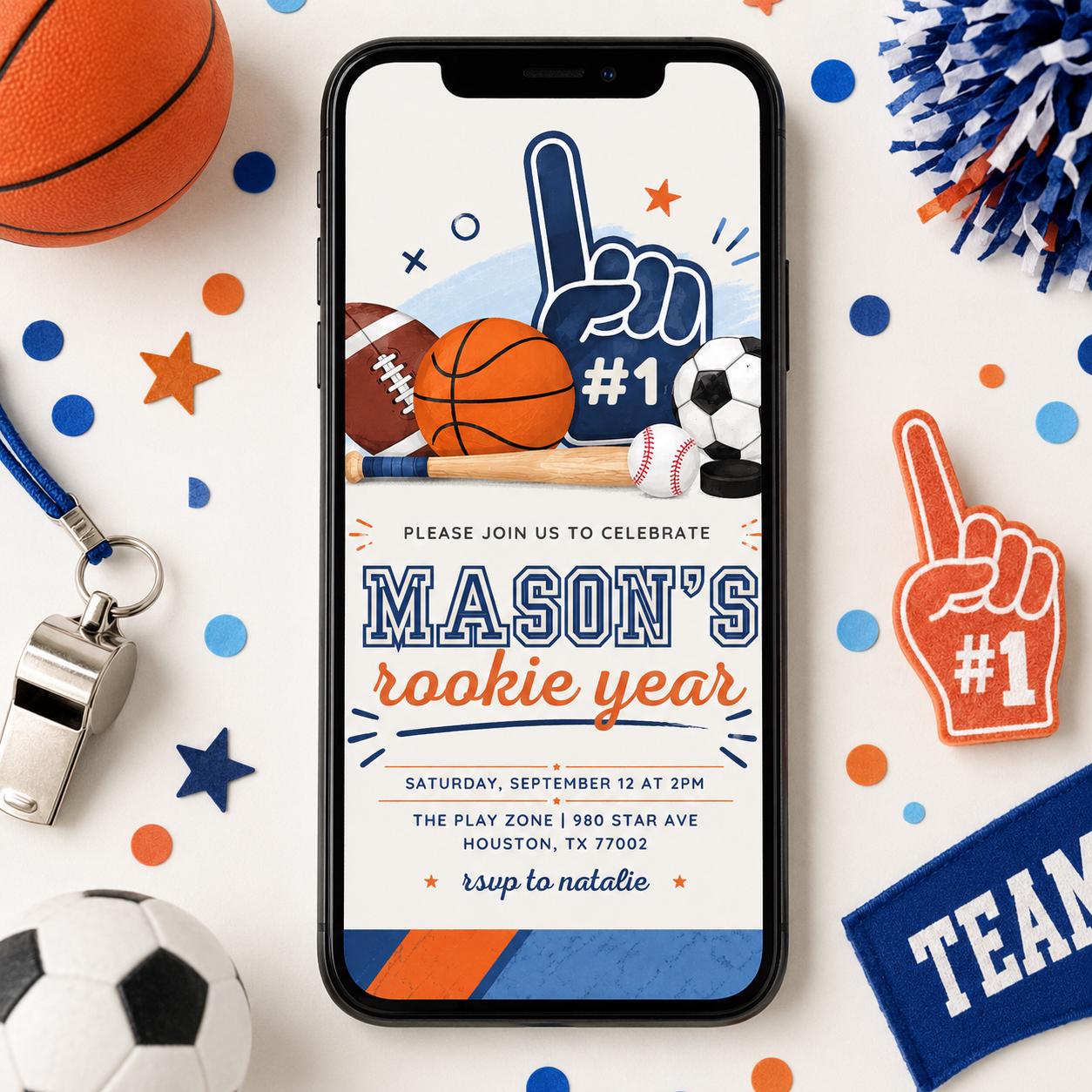 Sports Rookie Year Birthday Invitation Template, Sports Baseball Birthday, Rookie Of The Year Invite Baseball Birthday Party, Canva Template __etsy:8019887216