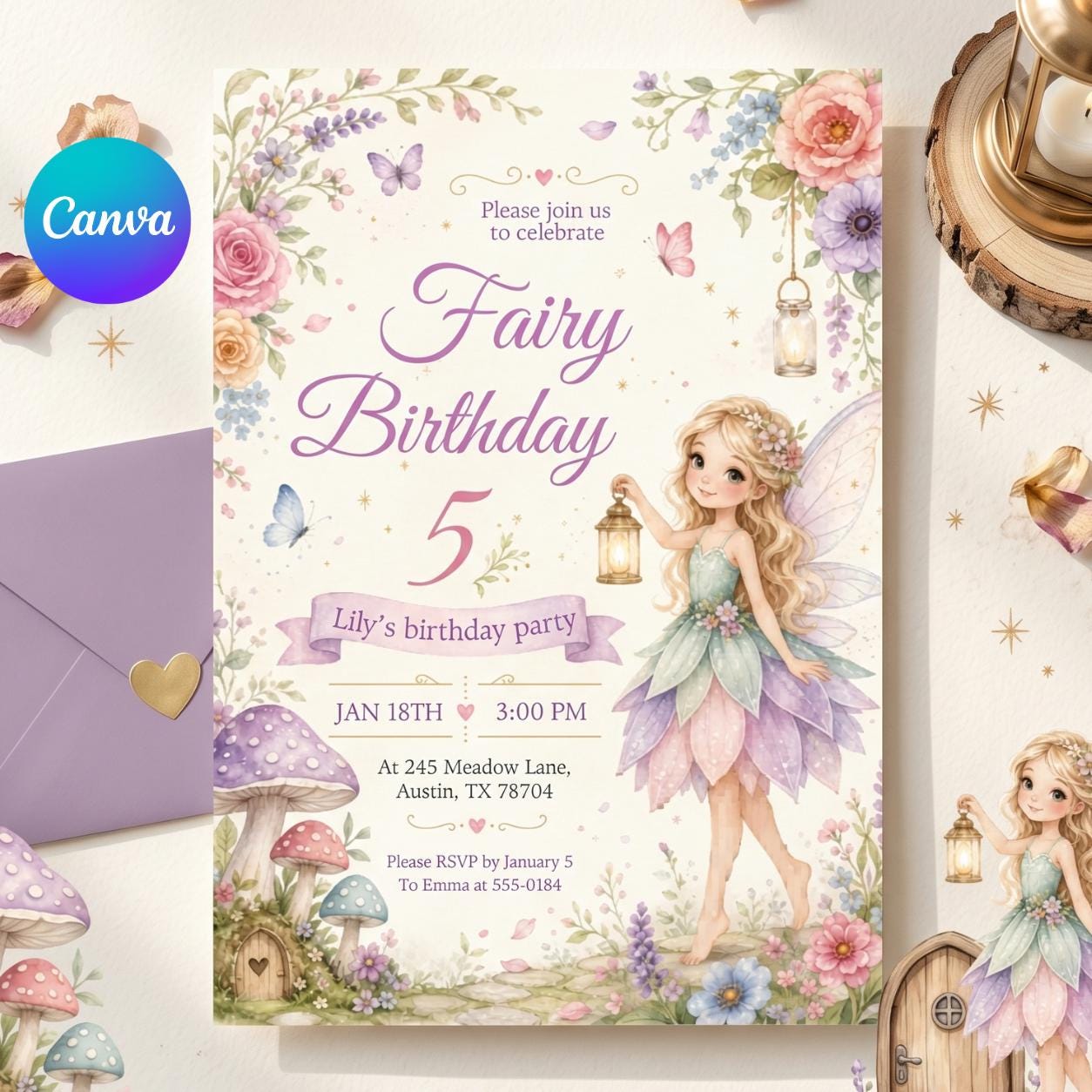 Spring Fairy Birthday Invitation, Flutter Twirl Party, Floral Bow Girl (Canva Template) __etsy:7988019128