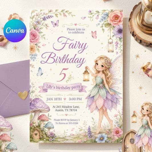 Spring Fairy Birthday Invitation, Flutter Twirl Party, Floral Bow Girl (Canva Template) __etsy:7988019128