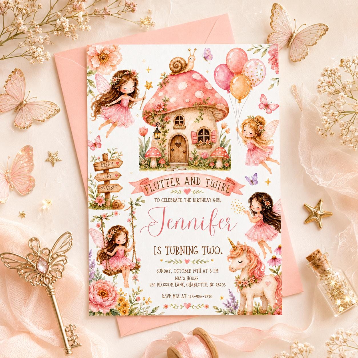 Spring Fairy Birthday Invitation, Flutter Twirl Party, Floral Bow Girl (Canva Template) __etsy:8039684423