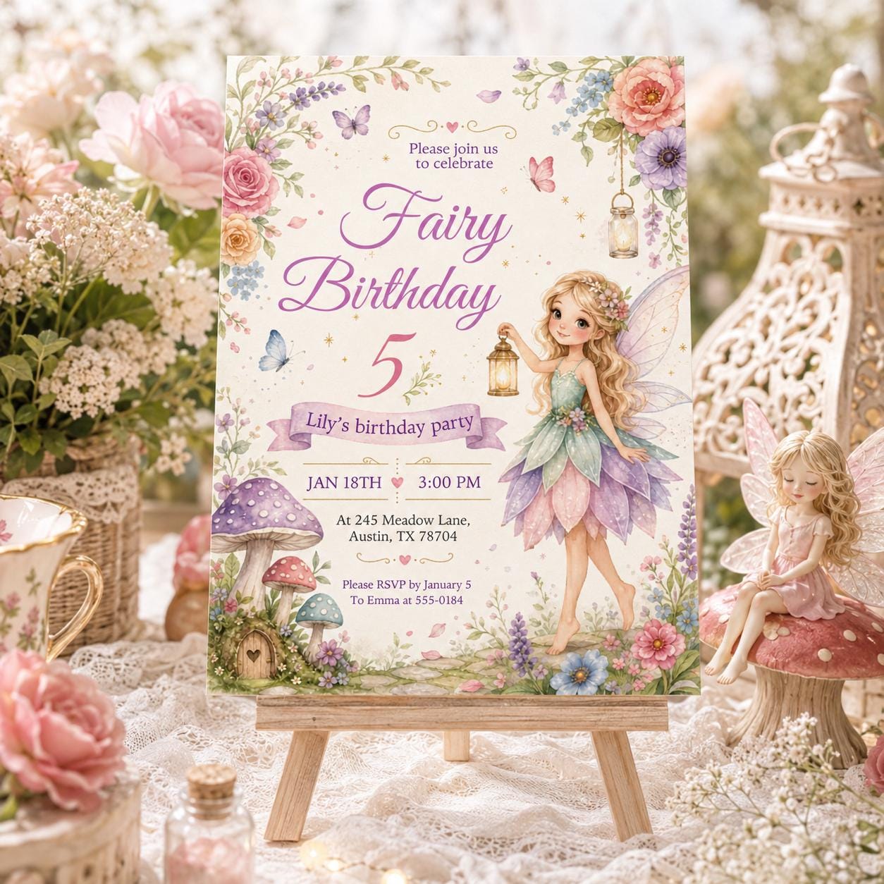 Spring Fairy Birthday Invitation, Flutter Twirl Party, Floral Bow Girl (Canva Template) __etsy:7988014784
