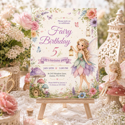 Spring Fairy Birthday Invitation, Flutter Twirl Party, Floral Bow Girl (Canva Template) __etsy:7988014784