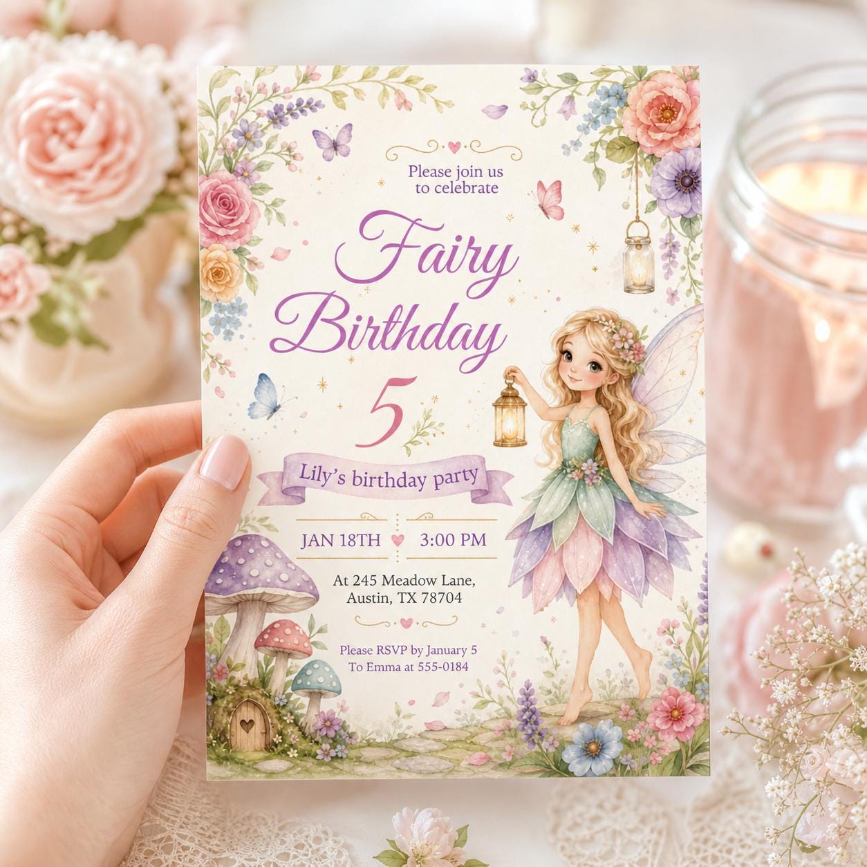 Spring Fairy Birthday Invitation, Flutter Twirl Party, Floral Bow Girl (Canva Template) __etsy:7988014780
